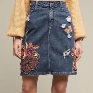 Anthropologie New Cecilia Prado Gardeners Denim Embroidered Jean Skirt SZ Small